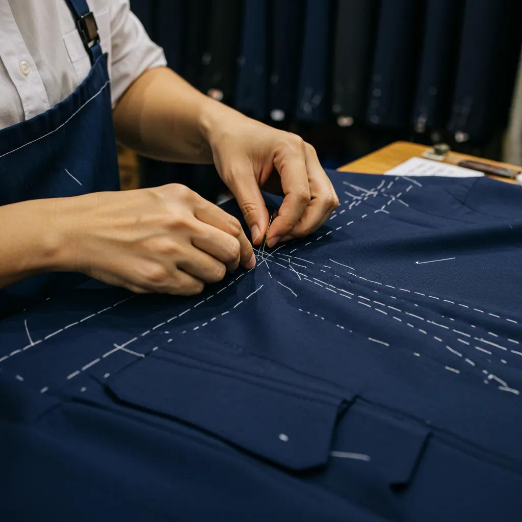 Artisan hand-stitching a suit jacket in Hoi An, highlighting traditional Vietnamese tailoring techniques