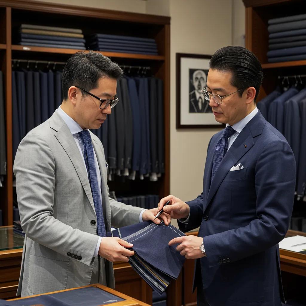 Client consulting with tailor, reviewing fabric swatches for a custom suit in a cozy tailor shop