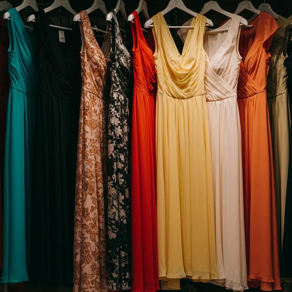 Display of cocktail and evening gowns in a Hoi An tailor shop highlighting craftsmanship